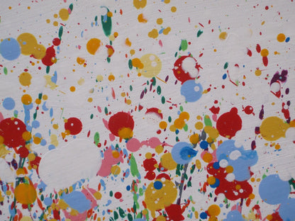 229cm by 112cm original bright and colourful floral landscape painting on un-stretched canvas - detail