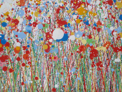 229cm by 112cm original bright and colourful floral landscape painting on un-stretched canvas - detail