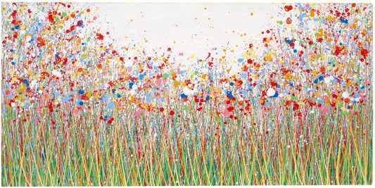 229cm by 112cm original bright and colourful floral landscape painting on un-stretched canvas - full view