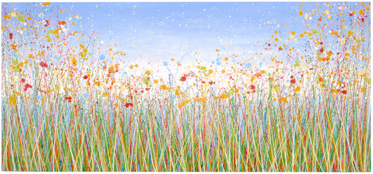 244cm by 112cm huge original yellow flower meadow colourful painting on an un-stretched canvas - full view
