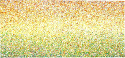 Huge 244 cm by 112cm abstract wall art original dot and spot sunset painting on un-stretched canvas - full view