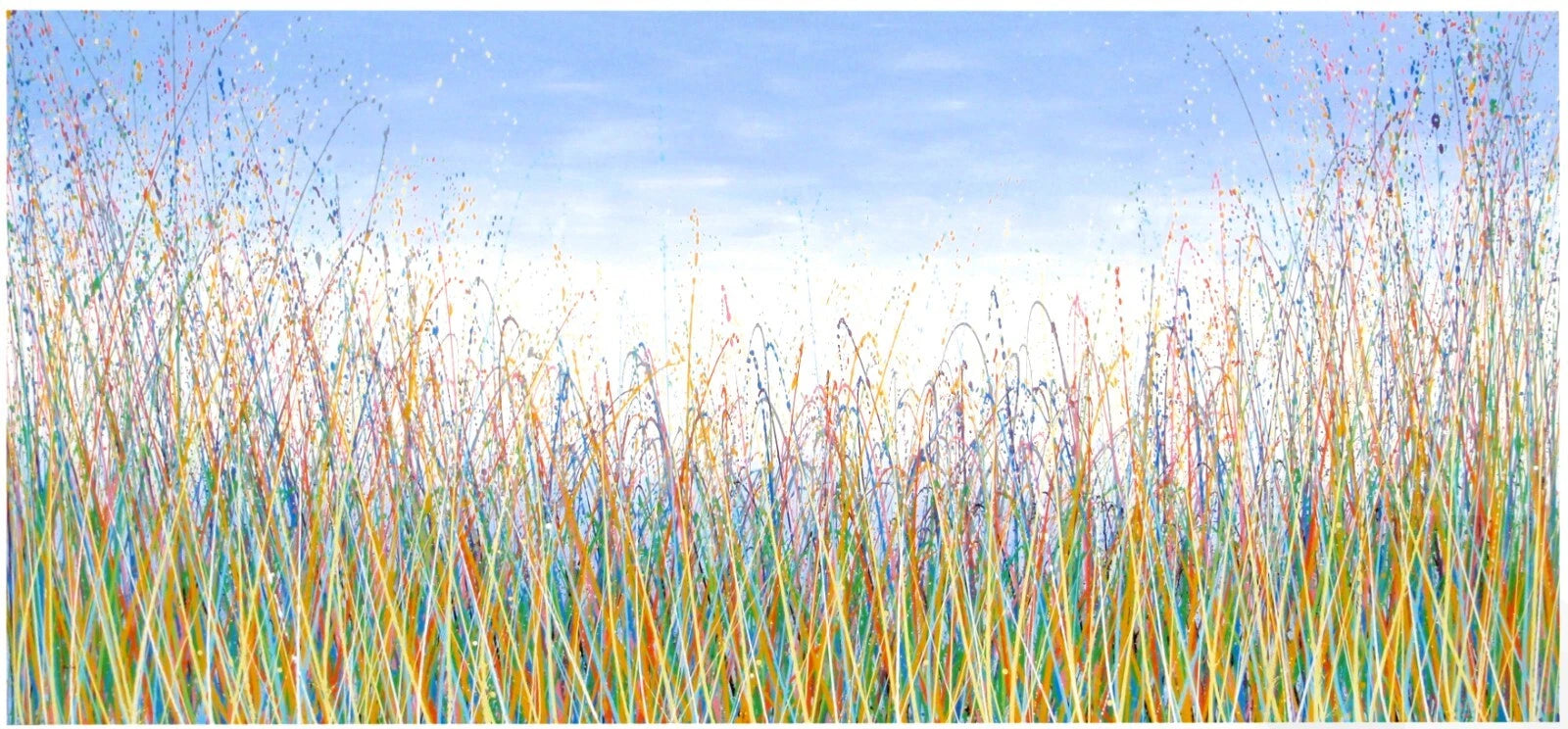 244 cm by 112 cm huge original grass meadow painting on an un-stretched canvas - full view