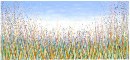 244 cm by 112 cm huge original grass meadow painting on an un-stretched canvas - full view