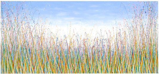244 cm by 112 cm huge original grass meadow painting on an un-stretched canvas - full view