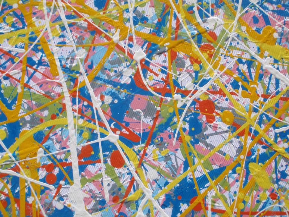 An abstract rectangular canvas painting filled with dense, energetic lines and dots in a multicolour palette of yellow, blue, orange, and white on a light background. Hand-painted on to a 250 by 112 cm canvas. Detail.