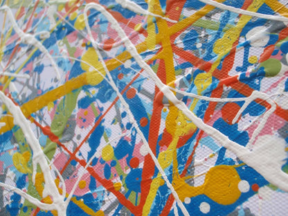 An abstract rectangular canvas painting filled with dense, energetic lines and dots in a multicolour palette of yellow, blue, orange, and white on a light background. Hand-painted on to a 250 by 112 cm canvas. Detail.