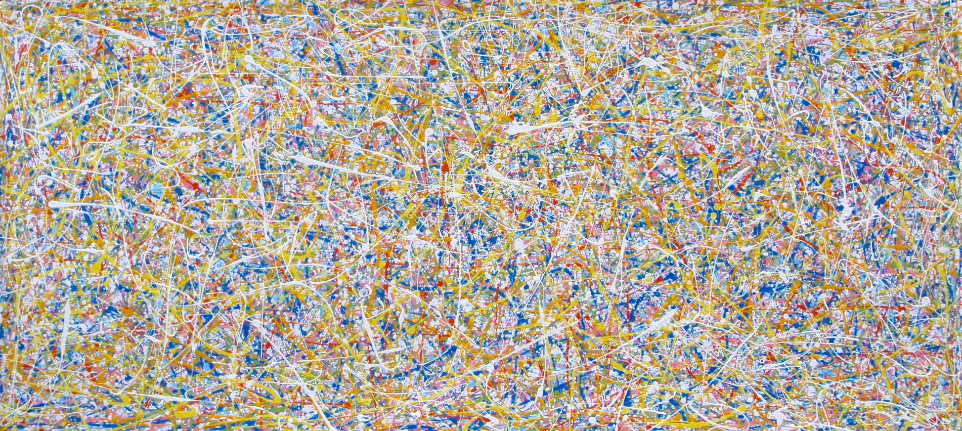 An abstract rectangular canvas painting filled with dense, energetic lines and dots in a multicolour palette of yellow, blue, orange, and white on a light background. Hand-painted on to a 250 by 112 cm canvas. Full view
