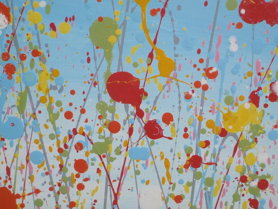 Giant hand-made painting of a field of colourful flowers, especially red ones, with a blue sky, on a 250 by 112cm canvas - detail