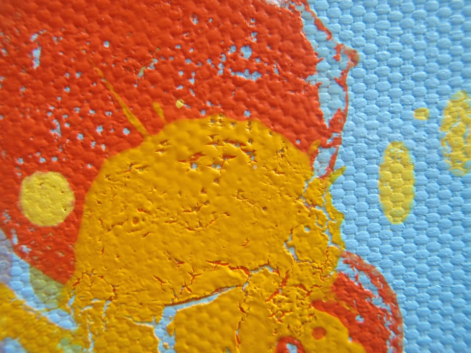 Giant hand-made painting of a field of colourful flowers, especially red ones, with a blue sky, on a 250 by 112cm canvas - detail