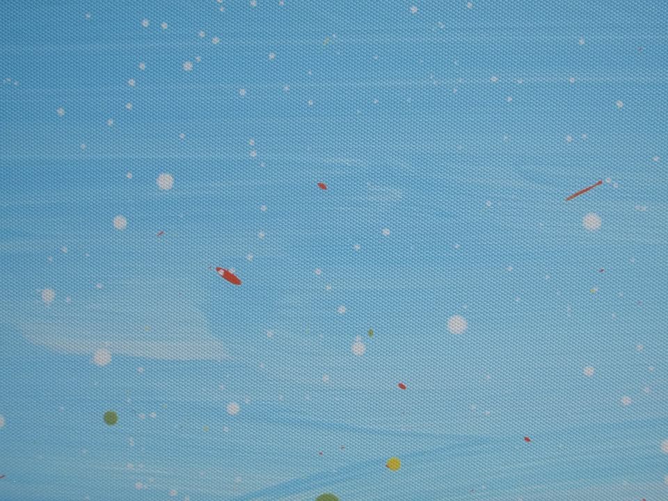 Giant hand-made painting of a field of colourful flowers, especially red ones, with a blue sky, on a 250 by 112cm canvas - detail