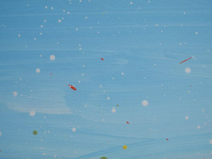 Giant hand-made painting of a field of colourful flowers, especially red ones, with a blue sky, on a 250 by 112cm canvas - detail