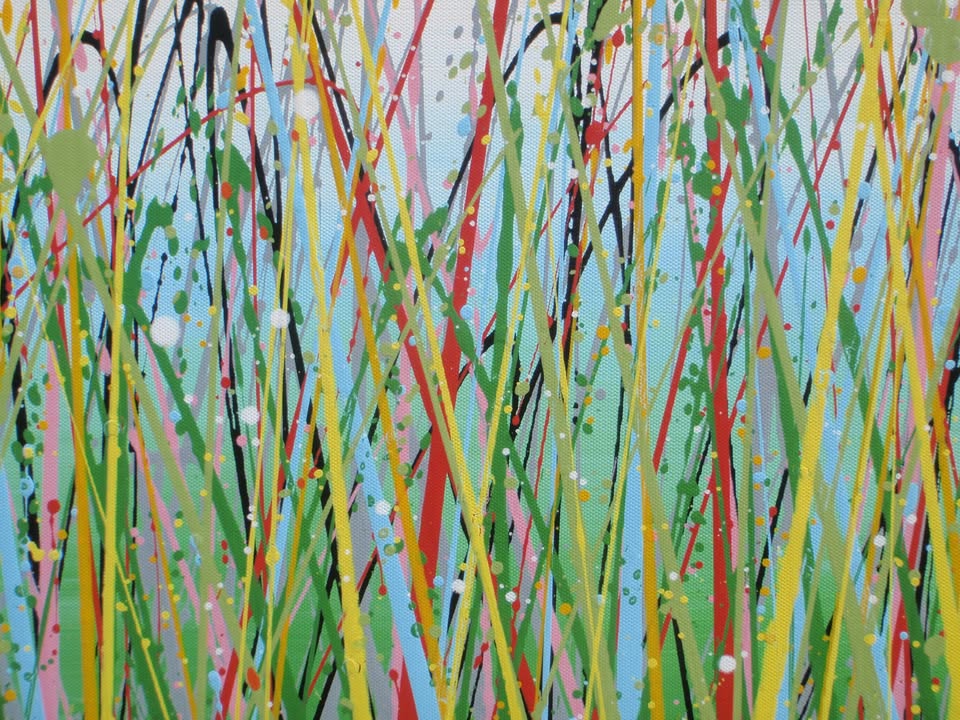 Giant hand-made painting of a field of colourful flowers, especially red ones, with a blue sky, on a 250 by 112cm canvas - detail