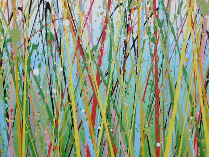 Giant hand-made painting of a field of colourful flowers, especially red ones, with a blue sky, on a 250 by 112cm canvas - detail