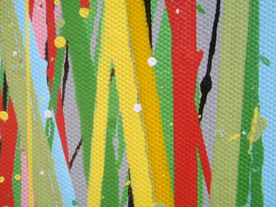 Giant hand-made painting of a field of colourful flowers, especially red ones, with a blue sky, on a 250 by 112cm canvas - detail