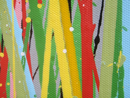 Giant hand-made painting of a field of colourful flowers, especially red ones, with a blue sky, on a 250 by 112cm canvas - detail