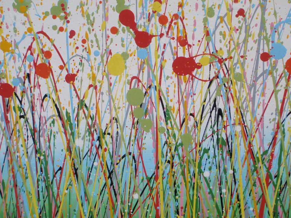 Giant hand-made painting of a field of colourful flowers, especially red ones, with a blue sky, on a 250 by 112cm canvas - detail