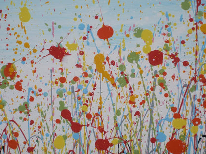 Giant hand-made painting of a field of colourful flowers, especially red ones, with a blue sky, on a 250 by 112cm canvas - detail
