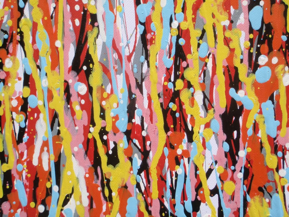 Abstract vertical drip painting with a dense field of multicoloured paint drips in orange, yellow, red, blue, and white on a white canvas - detail