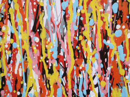 Abstract vertical drip painting with a dense field of multicoloured paint drips in orange, yellow, red, blue, and white on a white canvas - detail