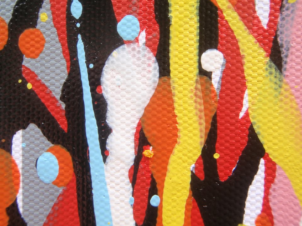 Abstract vertical drip painting with a dense field of multicoloured paint drips in orange, yellow, red, blue, and white on a white canvas - detail