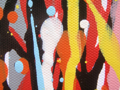 Abstract vertical drip painting with a dense field of multicoloured paint drips in orange, yellow, red, blue, and white on a white canvas - detail