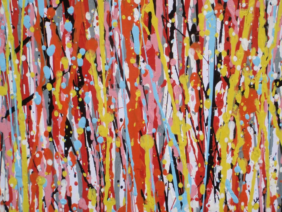 Abstract vertical drip painting with a dense field of multicoloured paint drips in orange, yellow, red, blue, and white on a white canvas - detail