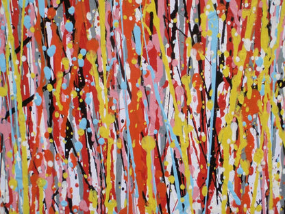 Abstract vertical drip painting with a dense field of multicoloured paint drips in orange, yellow, red, blue, and white on a white canvas - detail