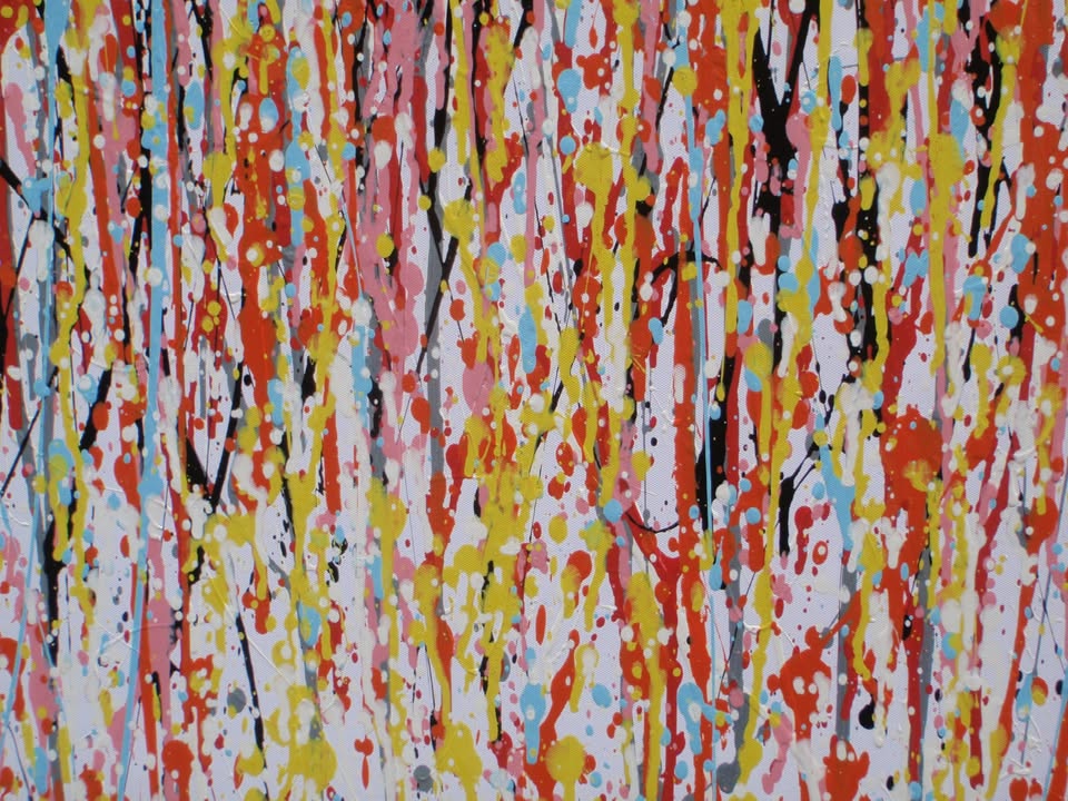 Abstract vertical drip painting with a dense field of multicoloured paint drips in orange, yellow, red, blue, and white on a white canvas - detail