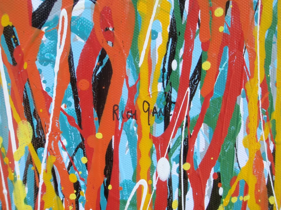 250 by 112 cm hand painted abstract vertical drip painting with very colourful lines and stripes - detail