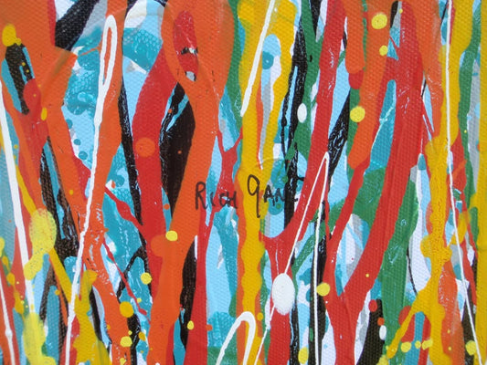 250 by 112 cm hand painted abstract vertical drip painting with very colourful lines and stripes - detail