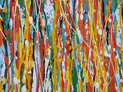 250 by 112 cm hand painted abstract vertical drip painting with very colourful lines and stripes - detail