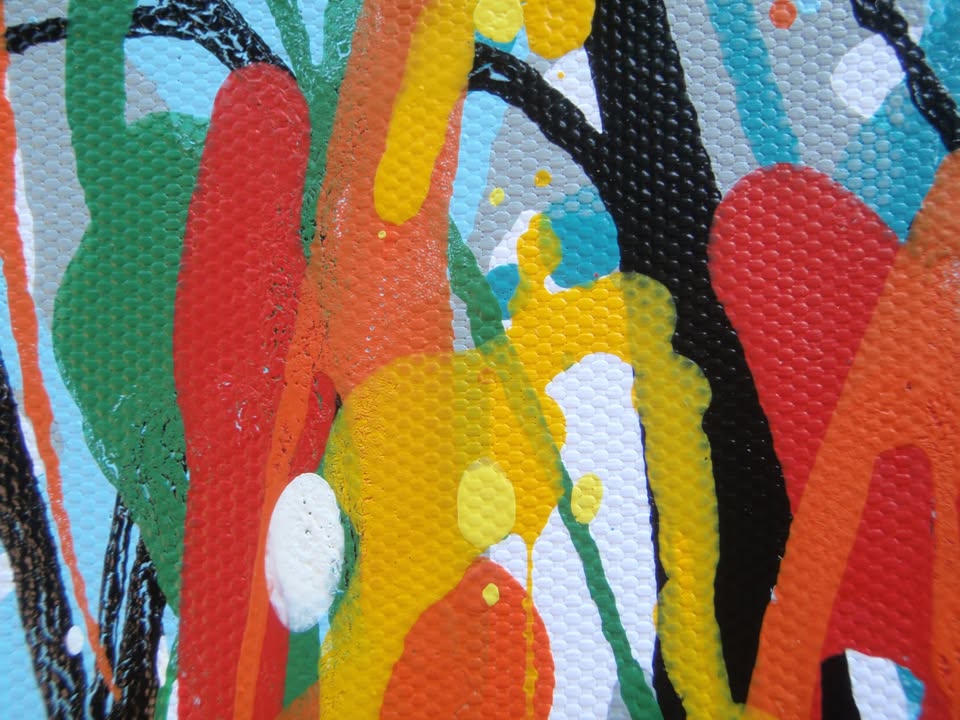 250 by 112 cm hand painted abstract vertical drip painting with very colourful lines and stripes - detail