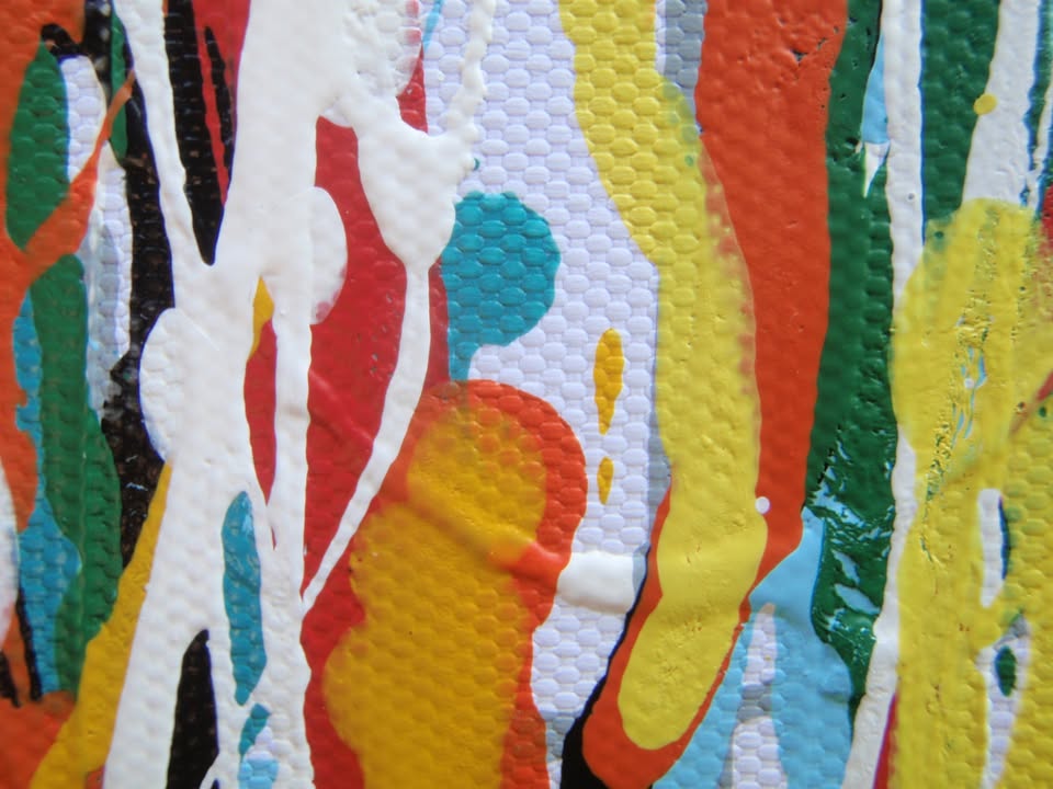 250 by 112 cm hand painted abstract vertical drip painting with very colourful lines and stripes - detail