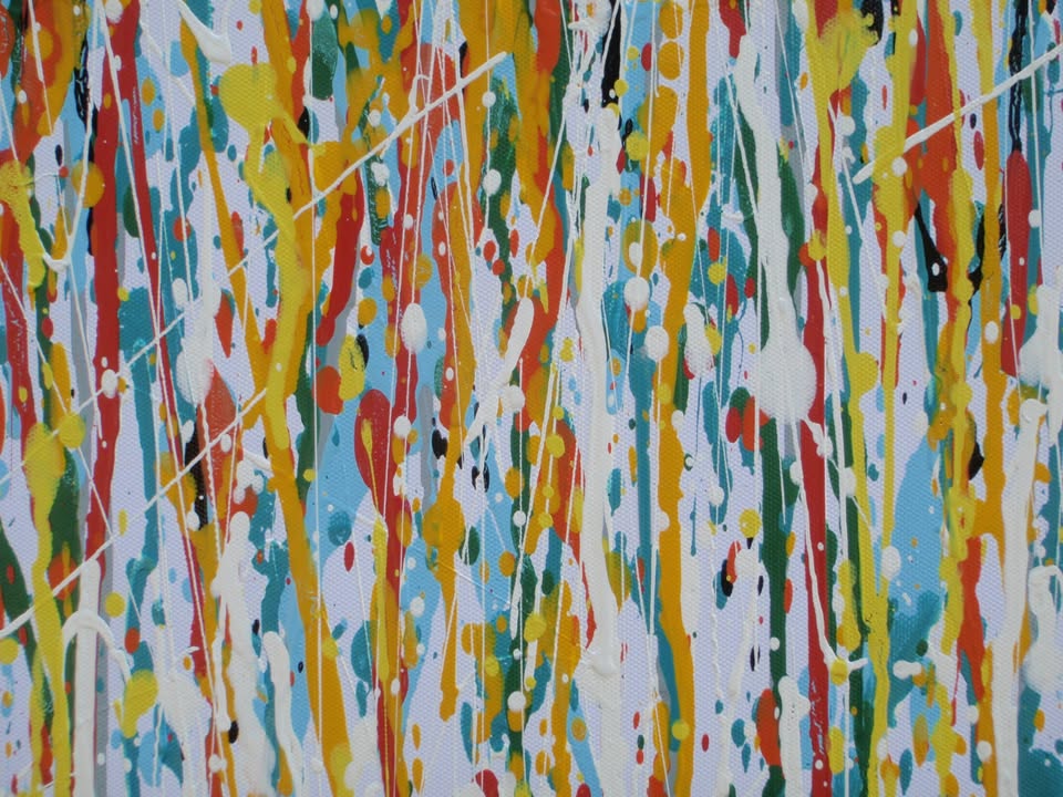 250 by 112 cm hand painted abstract vertical drip painting with very colourful lines and stripes - detail