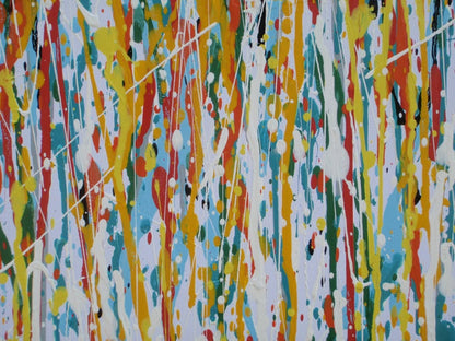 250 by 112 cm hand painted abstract vertical drip painting with very colourful lines and stripes - detail