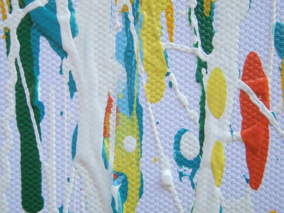 250 by 112 cm hand painted abstract vertical drip painting with very colourful lines and stripes - detail
