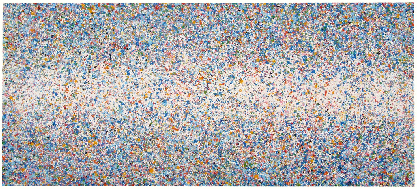 Abstract blue and yellow dot and spot landscape painting on a massive 250 cm by 112 cm canvas - full view