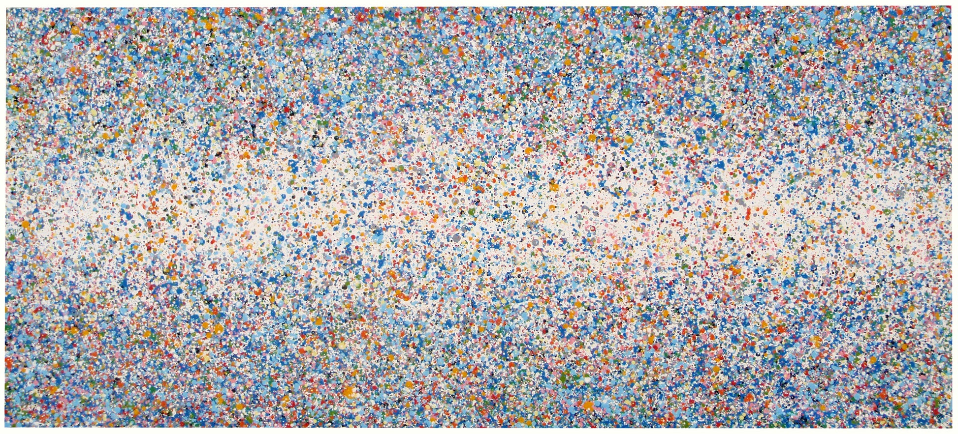 Abstract blue and yellow dot and spot landscape painting on a massive 250 cm by 112 cm canvas - full view