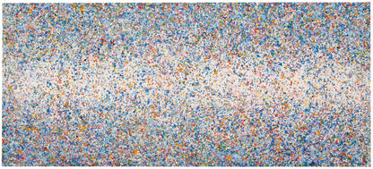 Abstract blue and yellow dot and spot landscape painting on a massive 250 cm by 112 cm canvas - full view