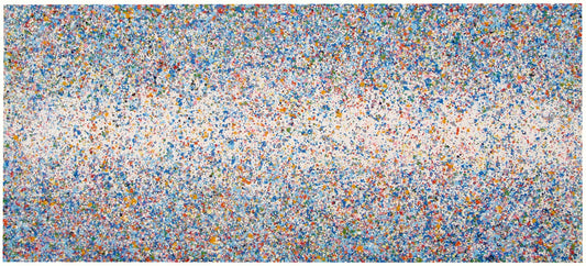 Abstract blue and yellow dot and spot landscape painting on a massive 250 cm by 112 cm canvas - full view