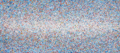 A rectangular abstract art painting featuring a dense seascape of multicoloured speckles, with a prominent horizontal band of white and light blue in the centre and denser blue speckling around the edges. Hand-painted on to a 250 by 112 cm un-stretched canvas. Full view.