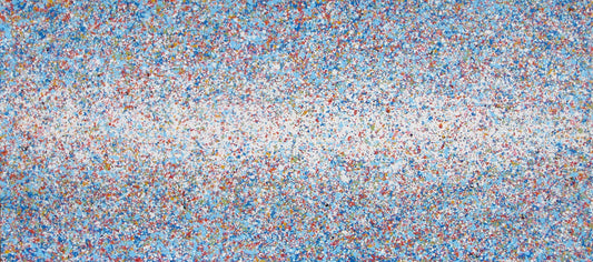 A rectangular abstract art painting featuring a dense seascape of multicoloured speckles, with a prominent horizontal band of white and light blue in the centre and denser blue speckling around the edges. Hand-painted on to a 250 by 112 cm un-stretched canvas. Full view.