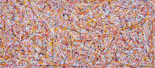 Huge modern art drip painting on 250 by 112 cm un-stretched canvas - full view