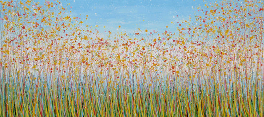 A really colourful landscape painting depicting a field of wildflowers under a blue sky, with yellow, orange, green and red flowers, on a huge 250 cm by 112 cm canvas - full view