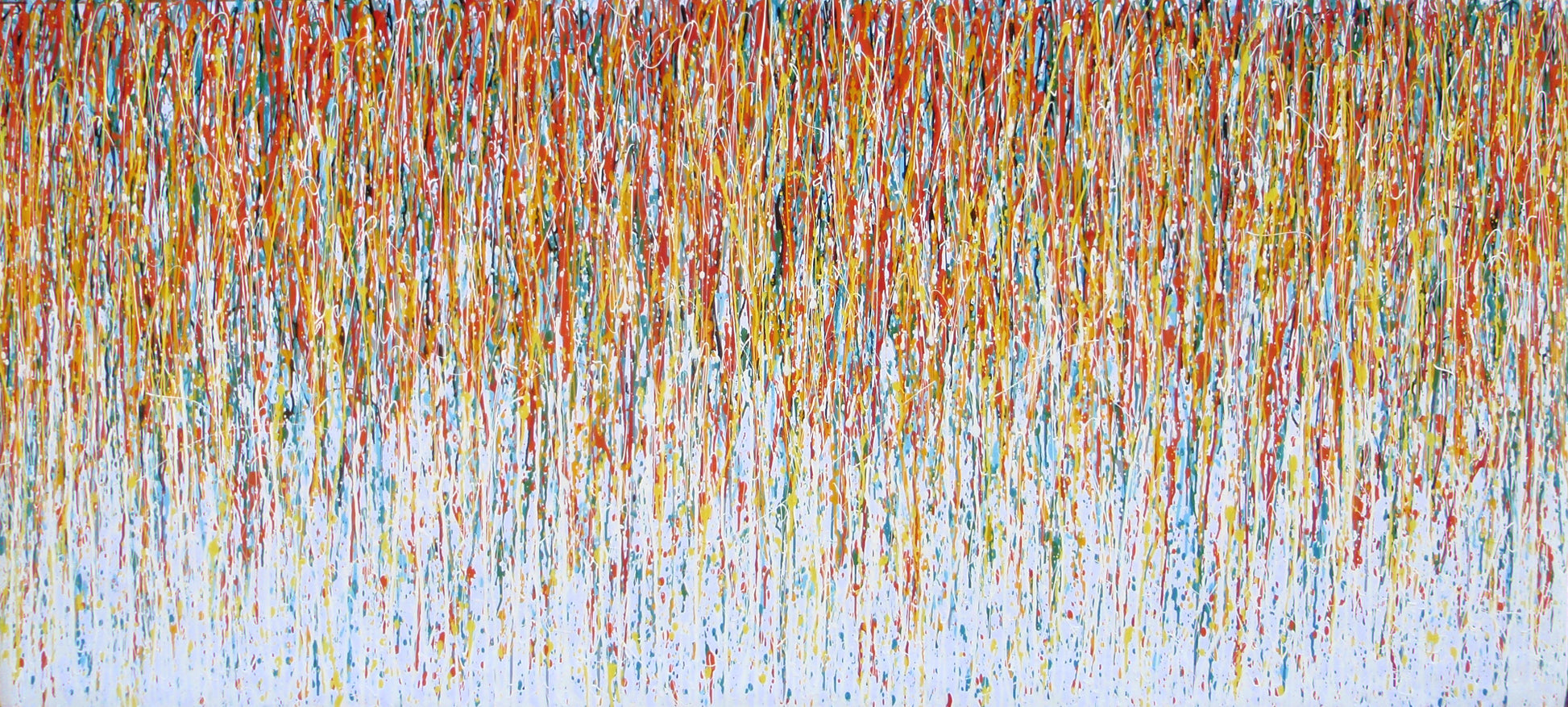 250 by 112 cm hand painted abstract vertical drip painting with very colourful lines and stripes - full view