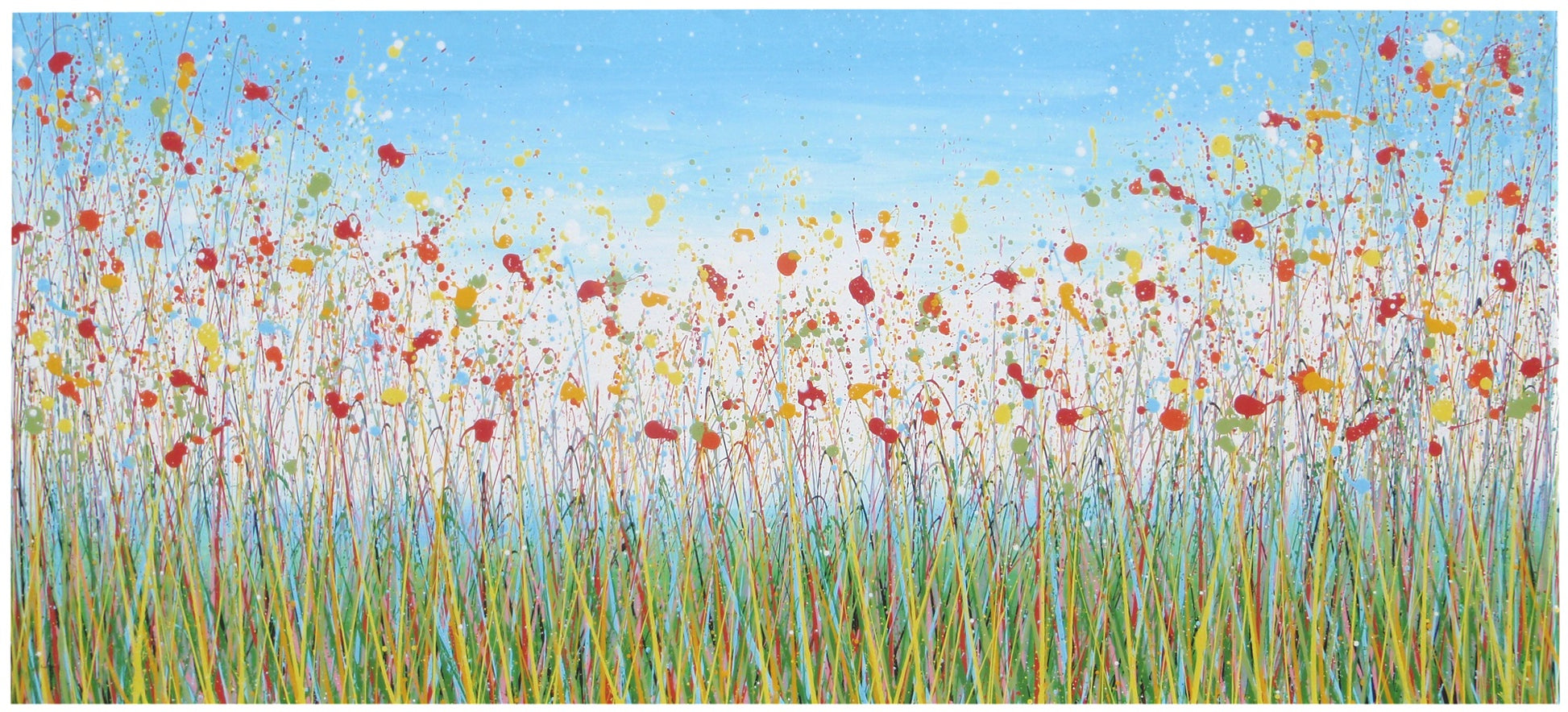 Giant hand-made painting of a field of colourful flowers, especially red ones, with a blue sky, on a 250 by 112cm canvas - full view