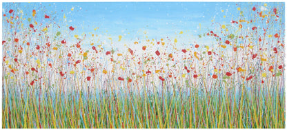 Giant hand-made painting of a field of colourful flowers, especially red ones, with a blue sky, on a 250 by 112cm canvas - full view