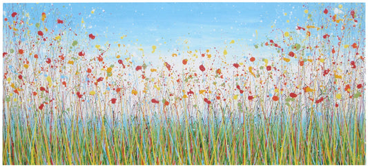 Giant hand-made painting of a field of colourful flowers, especially red ones, with a blue sky, on a 250 by 112cm canvas - full view