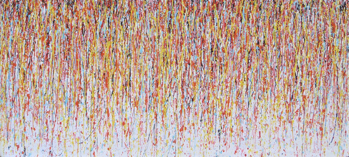 Abstract vertical drip painting with a dense field of multicoloured paint drips in orange, yellow, red, blue, and white on a white canvas - full view