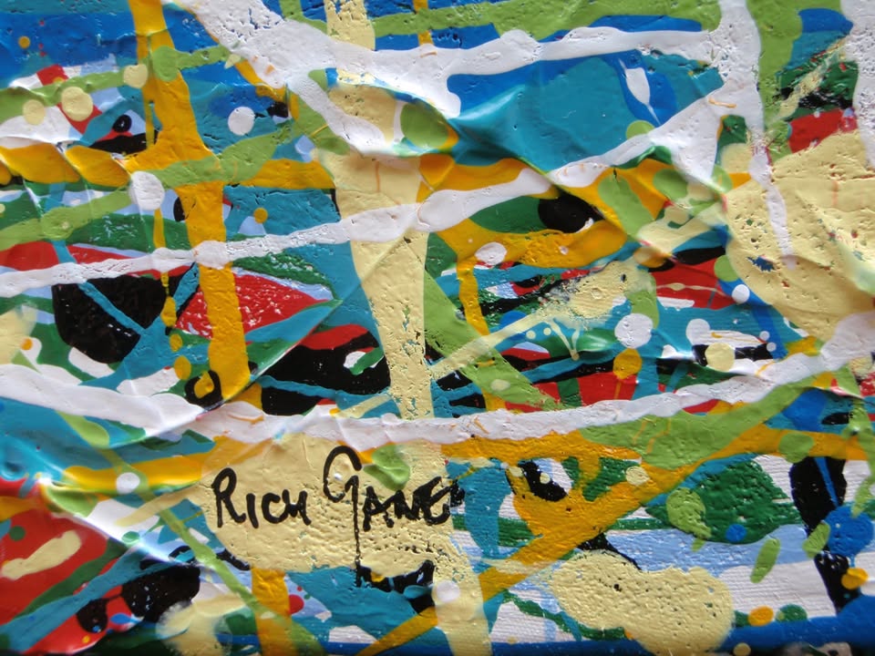 Abstract modern art drip painting on 80 by 60 cm canvas - detail